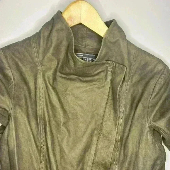 VINCE Scuba Asymmetrical Lambskin Leather green khaki suede Jacket Size large - Picture 15 of 16